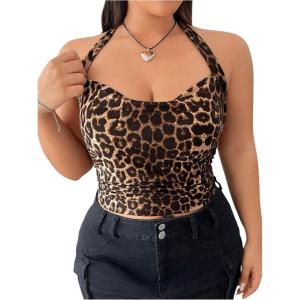 imageOYOANGLE Womens Plus Size Leopard Print Ruched Tie Back Halter Tops Y2K Sleeveless Going Out TopBrown