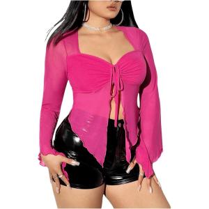 imageOYOANGLE Womens Plus Size Lettuce Trim Tie Front Split Hem Top Sweetheart Neck Long Sleeve Mesh Tee ShirtHot Pink