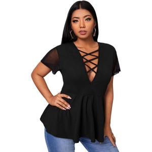 imageOYOANGLE Womens Plus Size Mesh Short Sleeve Criss Cross Front Plunging Neck Peplum BlouseBlack