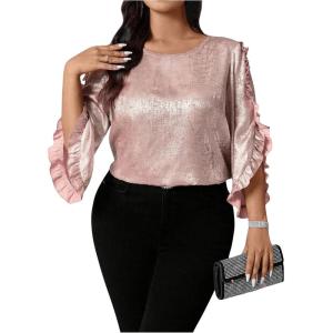 imageOYOANGLE Womens Plus Size Metallic Crew Neck Blouses Ruffle 34 Sleeve Loose Casual Shirts