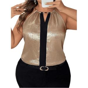 imageOYOANGLE Womens Plus Size Metallic Keyhole Halter Tank Top Sleeveless Elegant Loose Blouse TopsGold