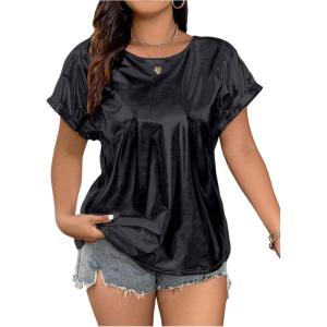 imageOYOANGLE Womens Plus Size Metallic Short Sleeve TShirts Crew Neck Tees Party Clubwear TopsBlack