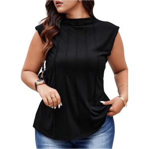 imageOYOANGLE Womens Plus Size Mock Neck Cap Sleeve TShirts Pleated Tee Shirt Summer TopsBlack