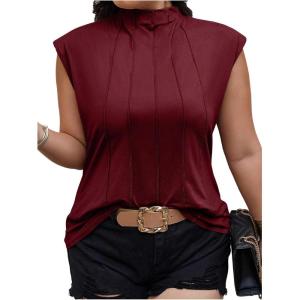 imageOYOANGLE Womens Plus Size Mock Neck Cap Sleeve TShirts Pleated Tee Shirt Summer TopsBurgundy