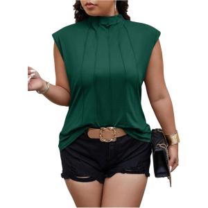 imageOYOANGLE Womens Plus Size Mock Neck Cap Sleeve TShirts Pleated Tee Shirt Summer TopsGreen