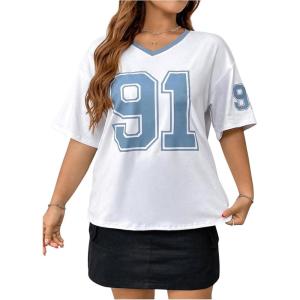 imageOYOANGLE Womens Plus Size Number Print Jersey Shirts V Neck Short Sleeve Loose Casual Tee TopsWhite