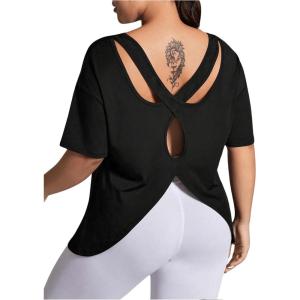 imageOYOANGLE Womens Plus Size Open Back Workout Tops Short Sleeve Criss Cross TShirts Athletic Gym Tee TopBlack