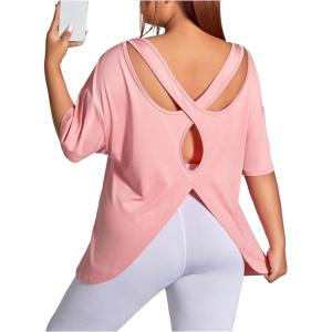imageOYOANGLE Womens Plus Size Open Back Workout Tops Short Sleeve Criss Cross TShirts Athletic Gym Tee TopLight Pink