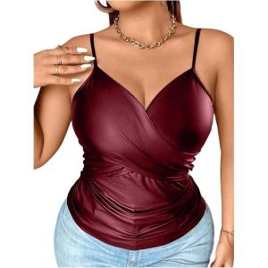 imageOYOANGLE Womens Plus Size PU Leather Wrap Camisole Deep V Neck Spaghetti Strap Tank TopsRed