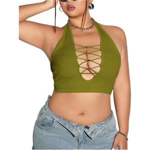 imageOYOANGLE Womens Plus Size Ribbed Knit Criss Cross Backless Halter Tops Sleeveless Fitted Crop Top ClubwearGreen