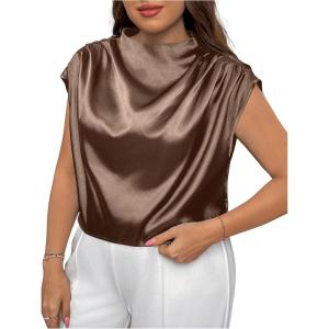 imageOYOANGLE Womens Plus Size Satin Ruched Blouses Mock Neck Cap Sleeve Loose Elegant Shirts Work Office TopsBrown