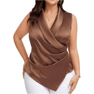 imageOYOANGLE Womens Plus Size Satin Wrap V Neck Sleeveless Blouse Asymmetrical Hem Elegant Work Office Tank TopsBrown