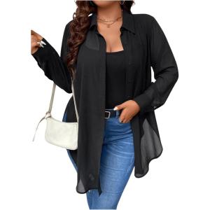 imageOYOANGLE Womens Plus Size Sheer See Through Button Down Long Sleeve Collared Neck Shirt Blouse TopBlack