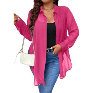 imageOYOANGLE Womens Plus Size Sheer See Through Button Down Long Sleeve Collared Neck Shirt Blouse TopHot Pink
