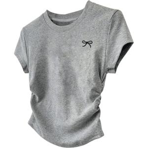 imageOYOANGLE Womens Plus Size Short Sleeve Ruched Side TShirt Crew Neck Fitted T Shirts Y2K Casual Tee TopsGrey