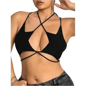 imageOYOANGLE Womens Plus Size Star Criss Cross Crop Cami Top Y2K Tie Backless Camisole Rave TopsBlack