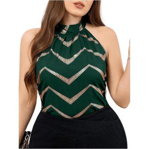 imageOYOANGLE Womens Plus Size Striped Halter Neck Blouses Tie Back Sleeveless Loose Elegant Tank TopsDark Green