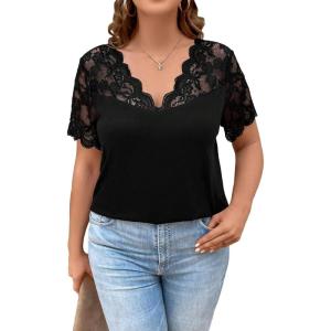 imageOYOANGLE Womens Plus Size Summer Lace Scallop V Neck Short Sleeve Blouse Shirt TopsBlack
