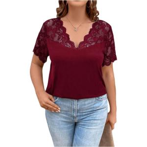 imageOYOANGLE Womens Plus Size Summer Lace Scallop V Neck Short Sleeve Blouse Shirt TopsBurgundy
