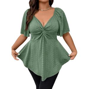 imageOYOANGLE Womens Plus Size Twist Front Short Sleeve Sweetheart Neck Asymmetrical Hem Blouses Solid Peplum TopsArmy Green