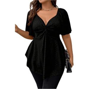 imageOYOANGLE Womens Plus Size Twist Front Short Sleeve Sweetheart Neck Asymmetrical Hem Blouses Solid Peplum TopsBlack