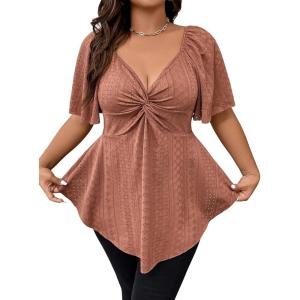 imageOYOANGLE Womens Plus Size Twist Front Short Sleeve Sweetheart Neck Asymmetrical Hem Blouses Solid Peplum TopsBrown