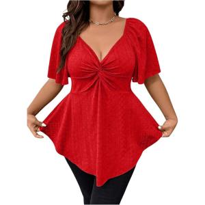 imageOYOANGLE Womens Plus Size Twist Front Short Sleeve Sweetheart Neck Asymmetrical Hem Blouses Solid Peplum TopsRed