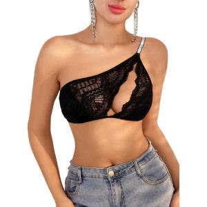 imageOYOANGLE Womens Rhinestone One Shoulder Bralette Floral Lace Cut Out Wireless Medium Support Unlined BrasBlack