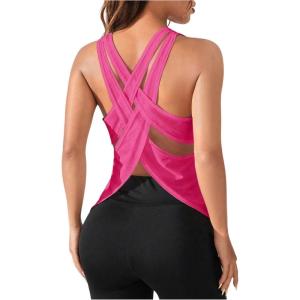 imageOYOANGLE Womens Sports Workout Tops Open Back Running Tank Top Racerback Casual Yoga Athletic ShirtsHot Pink