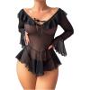imageOYOANGLE Womens 2 Piece Off Shoulder Long Sleeve Ruffle Mesh Sheer Nightgowns with Thongs Babydoll Lingerie SetBlack