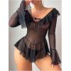 imageOYOANGLE Womens 2 Piece Off Shoulder Long Sleeve Ruffle Mesh Sheer Nightgowns with Thongs Babydoll Lingerie SetBlack