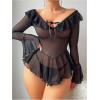 imageOYOANGLE Womens 2 Piece Off Shoulder Long Sleeve Ruffle Mesh Sheer Nightgowns with Thongs Babydoll Lingerie SetBlack