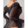 imageOYOANGLE Womens 2 Piece Off Shoulder Long Sleeve Ruffle Mesh Sheer Nightgowns with Thongs Babydoll Lingerie SetBlack