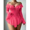 imageOYOANGLE Womens 2 Piece Off Shoulder Long Sleeve Ruffle Mesh Sheer Nightgowns with Thongs Babydoll Lingerie SetHot Pink