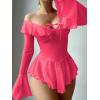 imageOYOANGLE Womens 2 Piece Off Shoulder Long Sleeve Ruffle Mesh Sheer Nightgowns with Thongs Babydoll Lingerie SetHot Pink
