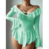 imageOYOANGLE Womens 2 Piece Off Shoulder Long Sleeve Ruffle Mesh Sheer Nightgowns with Thongs Babydoll Lingerie SetMint Green