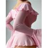 imageOYOANGLE Womens 2 Piece Off Shoulder Long Sleeve Ruffle Mesh Sheer Nightgowns with Thongs Babydoll Lingerie SetPink
