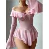 imageOYOANGLE Womens 2 Piece Off Shoulder Long Sleeve Ruffle Mesh Sheer Nightgowns with Thongs Babydoll Lingerie SetPink