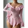 imageOYOANGLE Womens 2 Piece Off Shoulder Long Sleeve Ruffle Mesh Sheer Nightgowns with Thongs Babydoll Lingerie SetPink