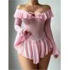 imageOYOANGLE Womens 2 Piece Off Shoulder Long Sleeve Ruffle Mesh Sheer Nightgowns with Thongs Babydoll Lingerie SetPink