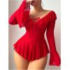 imageOYOANGLE Womens 2 Piece Off Shoulder Long Sleeve Ruffle Mesh Sheer Nightgowns with Thongs Babydoll Lingerie SetRed