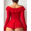 imageOYOANGLE Womens 2 Piece Off Shoulder Long Sleeve Ruffle Mesh Sheer Nightgowns with Thongs Babydoll Lingerie SetRed