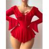 imageOYOANGLE Womens 2 Piece Off Shoulder Long Sleeve Ruffle Mesh Sheer Nightgowns with Thongs Babydoll Lingerie SetRed