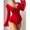 imageOYOANGLE Womens 2 Piece Off Shoulder Long Sleeve Ruffle Mesh Sheer Nightgowns with Thongs Babydoll Lingerie SetRed