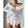 imageOYOANGLE Womens 2 Piece Off Shoulder Long Sleeve Ruffle Mesh Sheer Nightgowns with Thongs Babydoll Lingerie SetWhite