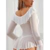 imageOYOANGLE Womens 2 Piece Off Shoulder Long Sleeve Ruffle Mesh Sheer Nightgowns with Thongs Babydoll Lingerie SetWhite