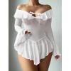 imageOYOANGLE Womens 2 Piece Off Shoulder Long Sleeve Ruffle Mesh Sheer Nightgowns with Thongs Babydoll Lingerie SetWhite