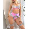 imageOYOANGLE Womens 6 Piece Mesh Floral Embroidery Lingerie Set with Garter Belt Choker Teddy BabydollPink
