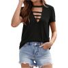 imageOYOANGLE Womens Cutout Deep V Neck Choker Tee Short Sleeve Summer Tunic Tops ShirtsBlack