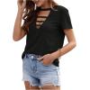 imageOYOANGLE Womens Cutout Deep V Neck Choker Tee Short Sleeve Summer Tunic Tops ShirtsBlack